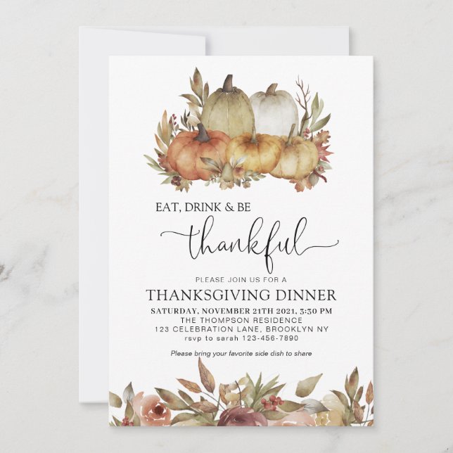 Be Thankful Watercolor Pumpkin Wood Thanksgiving Invitation (Front)