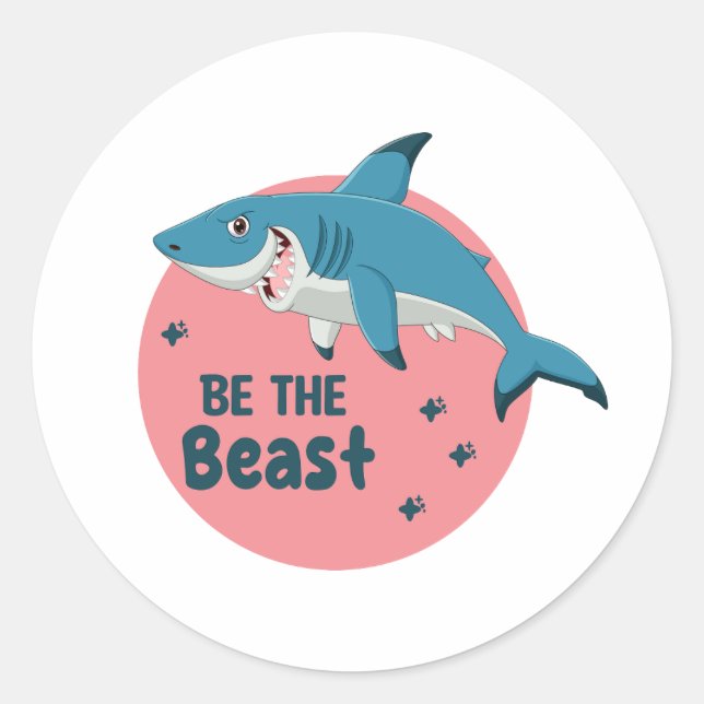 Be The Beast Kawaii Happy Blue Shark on Pink Classic Round Sticker (Front)