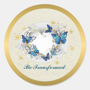 Be Transformed Quote Heart and Blue Butterflies Classic Round Sticker