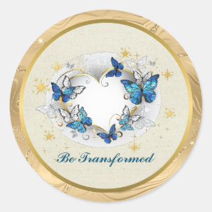 Be Transformed Quote Heart and Blue Butterflies Classic Round Sticker