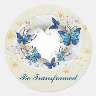 Be Transformed Quote Heart and Blue Butterflies Classic Round Sticker