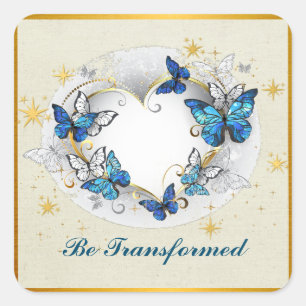 Be Transformed Quote Heart and Blue Butterflies Square Sticker