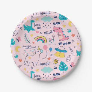 Be Wild Pink Dinosaur Rainbow Unicorn Girls Party Paper Plate