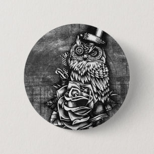 Be wise tattoo style owl artwork. 6 cm round badge