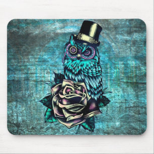 Be Wise tattoo style owl on digital Teal wood base Mouse Mat