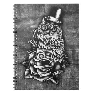 Be Wise tattoo style owl on digital wood base. Notebook