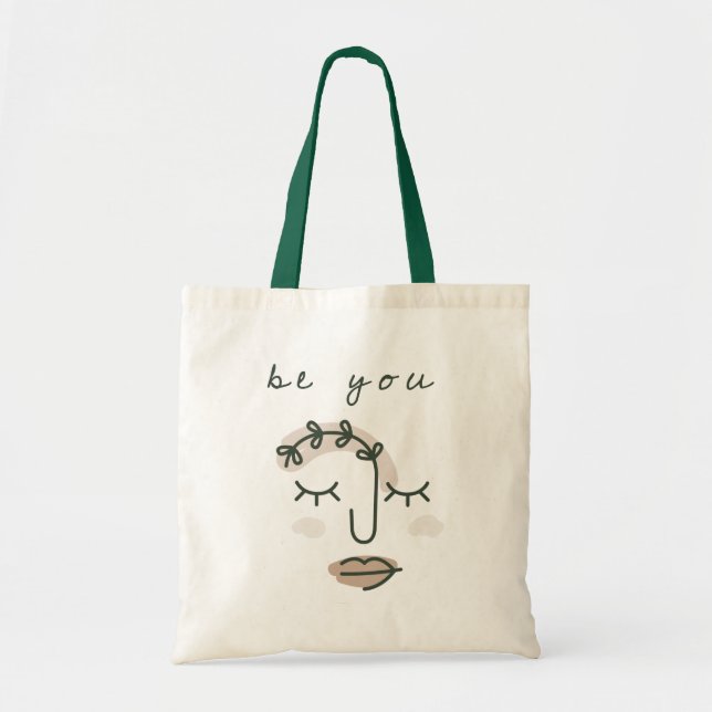 Be You Motivational Quote Line Art Face Leaves Tote Bag (Front)