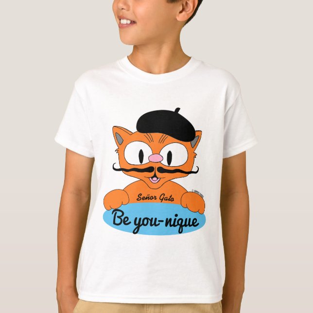 Be You-nique (Be unique) Cartoon Moustache cat Blu T-Shirt (Front)
