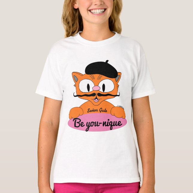 Be You-nique (Be unique) Cartoon Moustache cat Pin T-Shirt (Front)