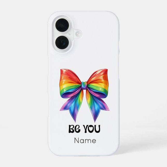 Be You Pride – Custom Name & Coquette Rainbow Bow iPhone 16 Case (Back)