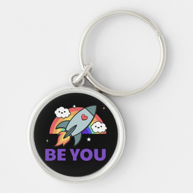 Be you. Rainbow rocket cloud with heart   Keychain (Front)