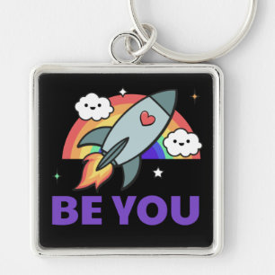 Be you. Rainbow rocket cloud with heart   Keychain