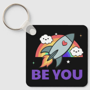 Be you. Rainbow rocket cloud with heart Keychain