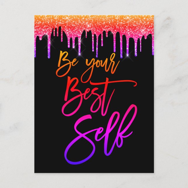 Be Your Best Self Motivational Quote Glitter Postcard (Front)
