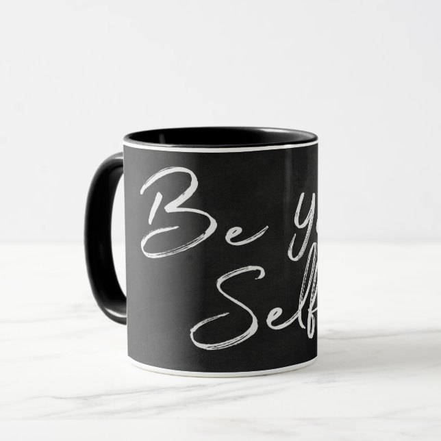 "be your selfie" text on black chalkboard mug (Front Left)