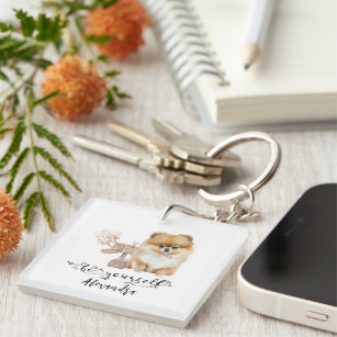 Be yourself Cute Pomeranian puppy next to mailbox Key Ring