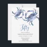 Beach 50th Birthday  Invitations Crab Boil<br><div class="desc">Do Tell A Belle's beach 50th Birthday invitation frames your event details with a top boarder of blue watercolor crabs. A matching colour adorns the back of your invitation. A beachy chic yet modern choice for your Birthday party or crab boil. Words can be changed to read 60th, 70th, 80th,...</div>