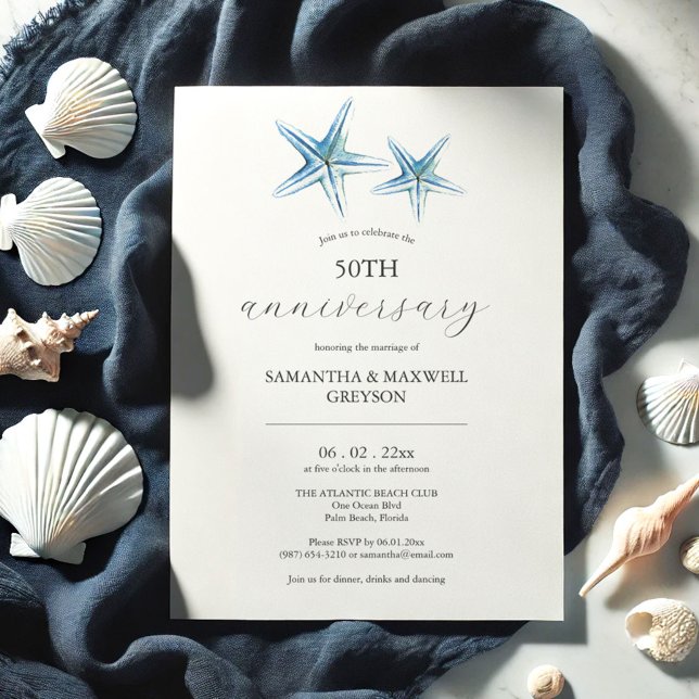 Beach 50th Wedding Anniversary Invitation Starfish (50th wedding anniversary invitations watercolor blue starfish Victoria Grigaliunas Do Tell A Belle)