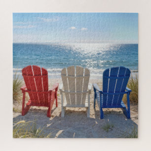 Beach Adirondack Chairs in Patriotic Colours Jigsaw Puzzle