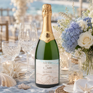 Beach all we sea is love hearts wedding sparkling wine label