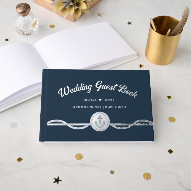  Beach Anchor Navy Coastal Nautical Wedding Foil Guest Book (Front Open)