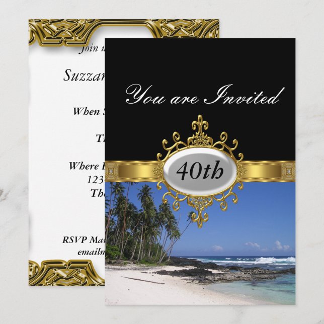 Beach and Black  Birthday Party Glamour Invitation (Front/Back)