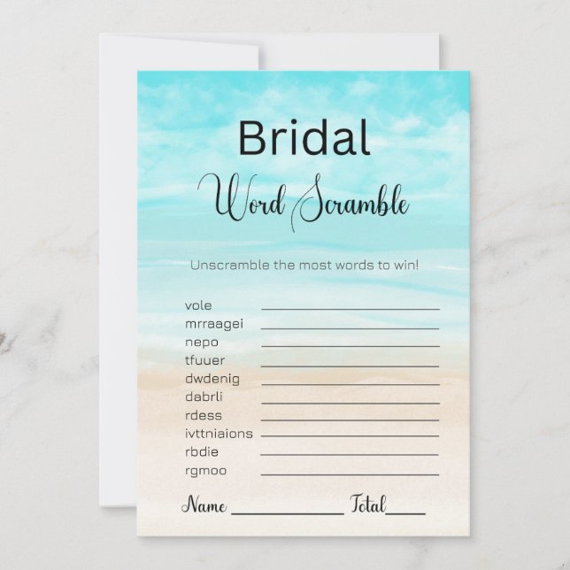 Beach and Ocean Bridal Blue Word Scramble Game Invitation (Front)