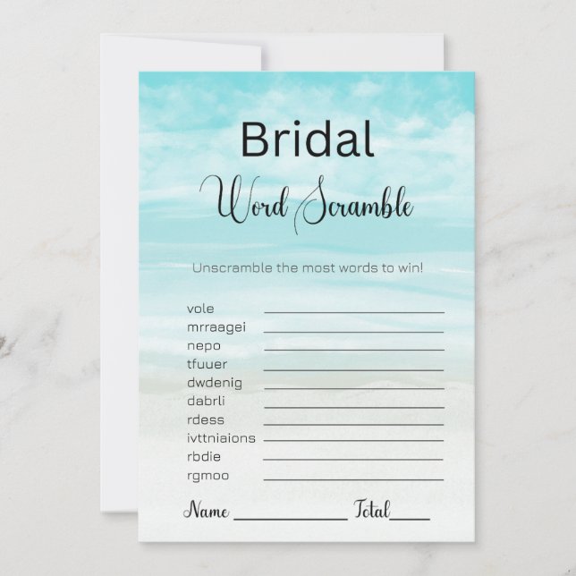 Beach and Ocean Bridal Blue Word Scramble Game Invitation (Front)