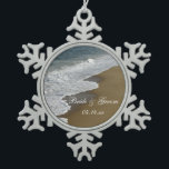 Beach and Ocean Wedding Snowflake Pewter Christmas Ornament<br><div class="desc">The natural Beach and Ocean Wedding Snowflake Ornament makes a great keepsake when it's personalised with the names of the bride and groom and marriage ceremony date. This custom beachy wedding ornament features a nature photograph of ocean waves crashing on the sandy shore of Old Orchard Beach in Maine. Perfect...</div>