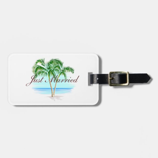 Beach And Palm Trees Just Married Luggage Tag (Front Horizontal)