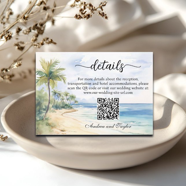 Beach and Palm Trees QR Code Wedding Details Enclosure Card (Creator Uploaded)