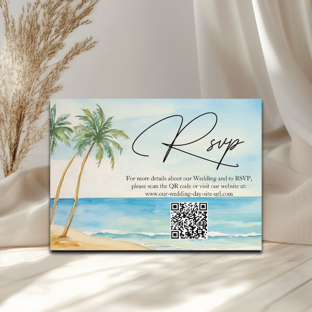Beach and Palm Trees QR Code Wedding RSVP Card (Creator Uploaded)