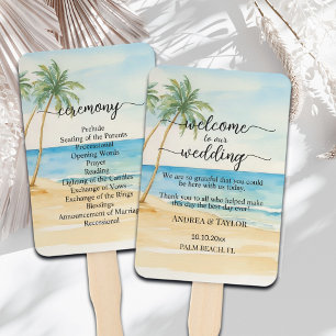 Beach and Palm Trees Wedding Program Ceremony Hand Fan