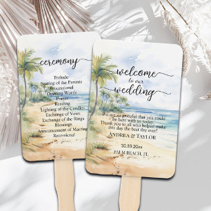 Beach and Palm Trees Wedding Program Ceremony Hand Fan