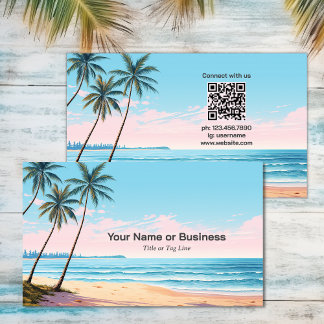 Beach and Palm Trees with QR Code Tropical Business Card