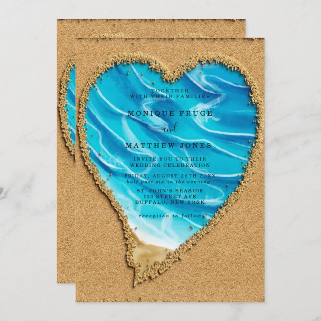 Beach and Sand Heart Destination Wedding Invitation (Front/Back)