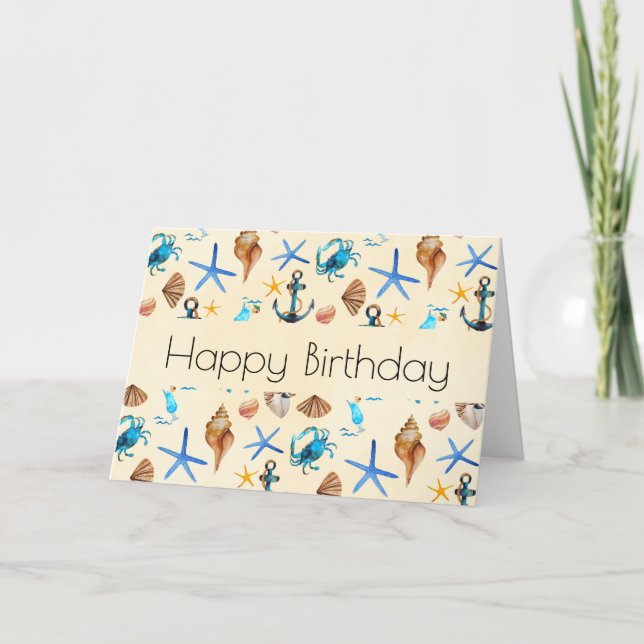 Beach And Sea Life Themed Pattern Happy Birthday Card (Front)