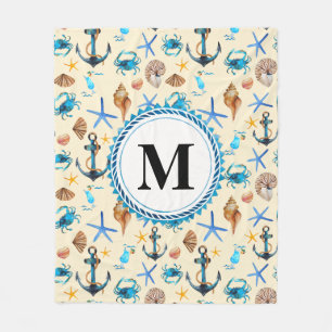 Beach And Sea Life Themed Pattern Monogram Fleece Blanket