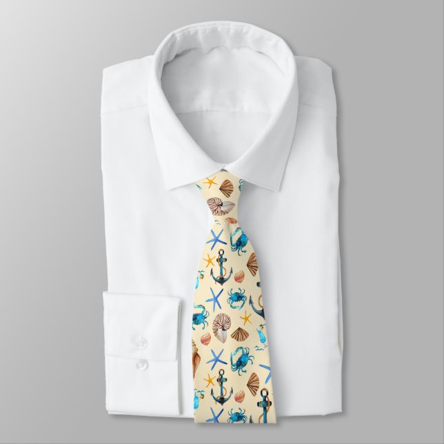 Beach And Sea Life Themed Pattern Tie (Tied)