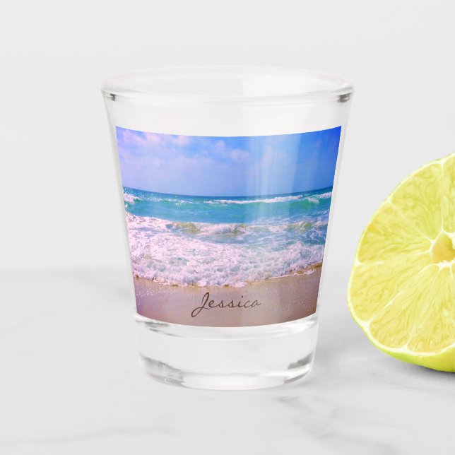 Beach and the Beautiful Sea Personalised Name Shot Glass (Front)