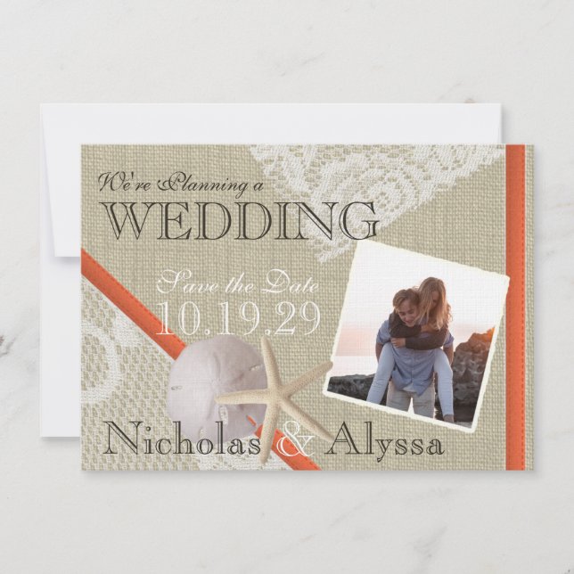 Beach and Vintage Lace Romantic Save the Date (Front)