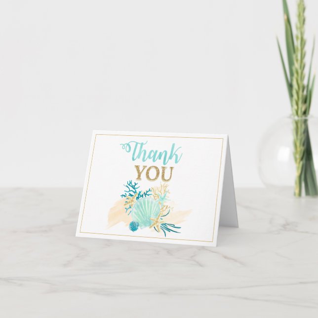 Beach Aqua and Gold Thank You Card Stationery (Front)