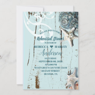 beach aqua blue seashell wedding rehearsal dinner invitation