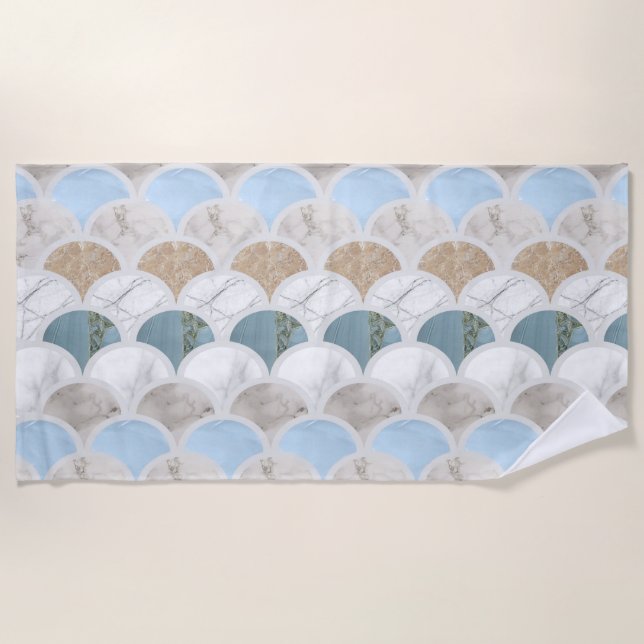 beach aqua blue white marble pastel mermaid scales beach towel (Front)