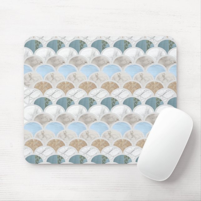 beach aqua blue white marble pastel mermaid scales mouse mat (With Mouse)