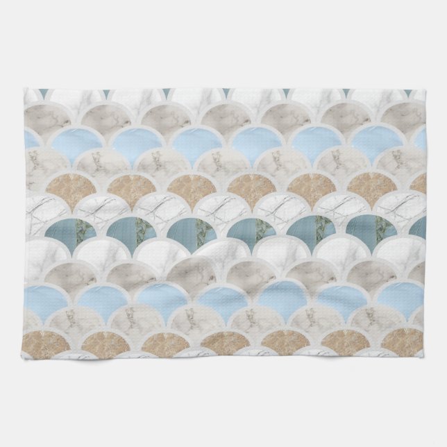 beach aqua blue white marble pastel mermaid scales tea towel (Horizontal)