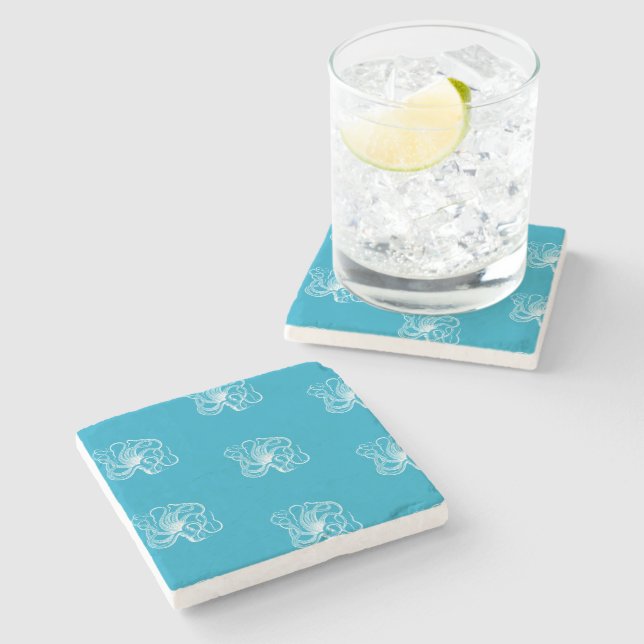 Beach Aqua Blue White Ocean Octopus Stone Coaster (Side)