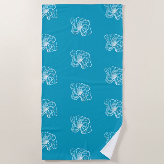 Beach Aqua Blue White Ocean Octopus Towel (Front)
