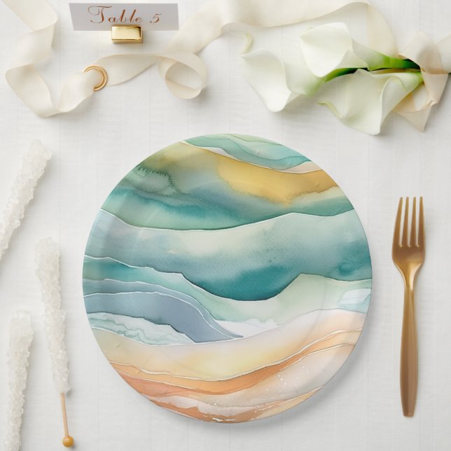 Beach Aqua Green Ocean Cream Sand Wedding Paper Plate (Wedding)