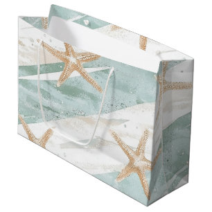 Beach Aqua Mint Starfish Stripes Birthday Large Gift Bag